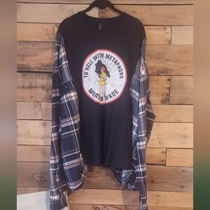 Black Graphic T-Shirt with Plaid Shirt Sleeves